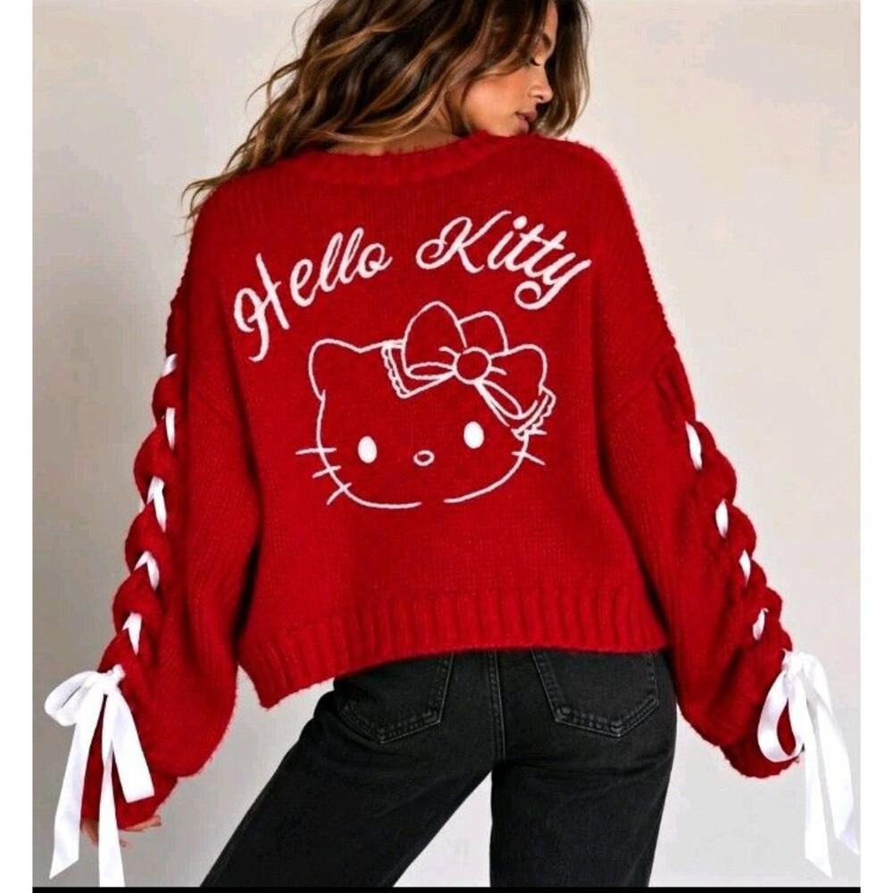 Forever 21 x Hello Kitty Red Cardigan Sweater M Ribbon Lace Up Sanrio Kawaii